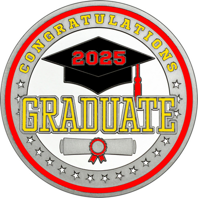 Yellow "Congratulations Graduate" with Red 2025, Rim, Tassel & Ribbon